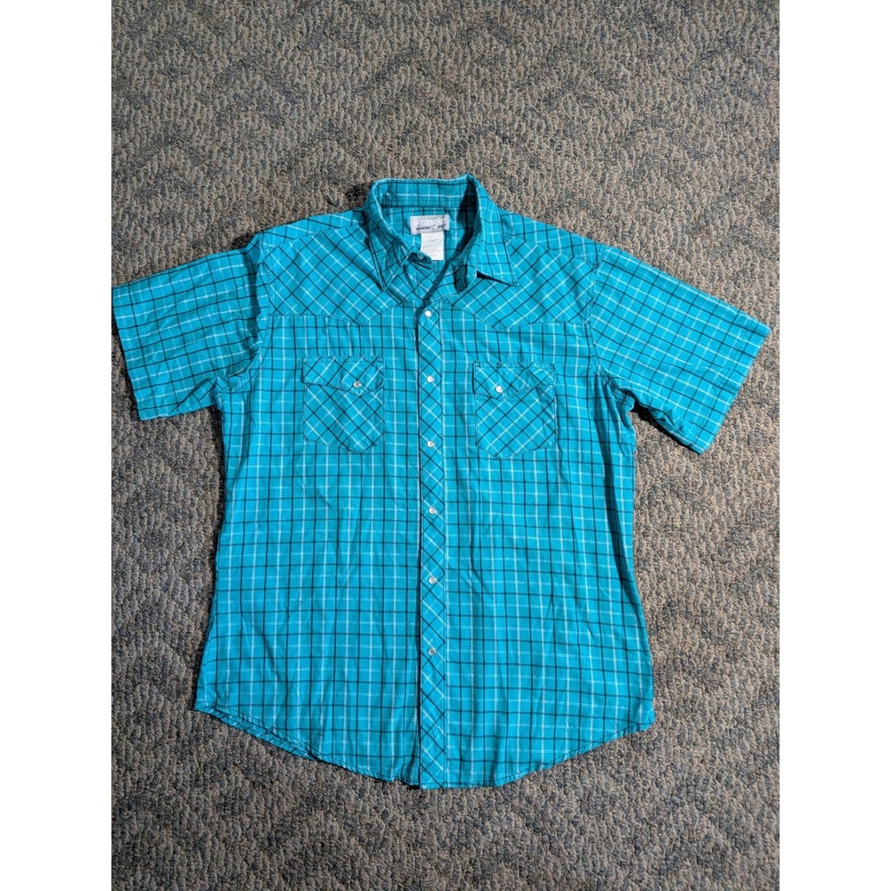 Wrangler Wrancher Mens Teal Plaid Short Sleeve Pearl Snap Western Shirt MTW1374